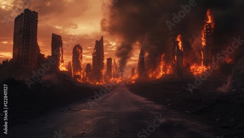 A dystopian city on fire, with burning buildings and smoke rising in the background.