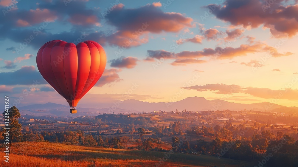 Fototapeta premium Hot Air Balloon Floating Above Scenic Landscape at Sunrise