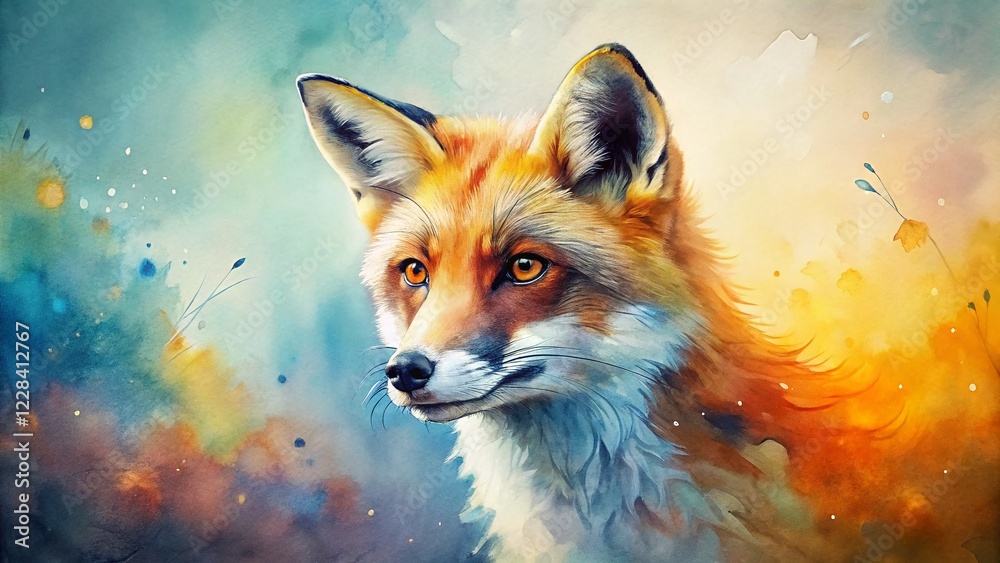 Obraz premium Watercolor Animal Art: Cute Fox with Blank Space for Branding - Stock Photo