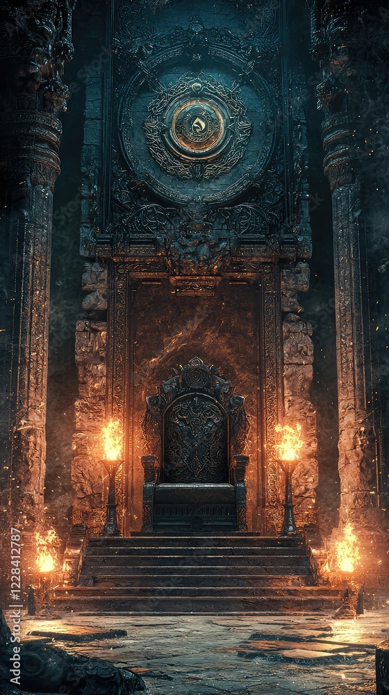 Obraz premium Ancient Throne Room with Illuminated Torches in Dark Setting