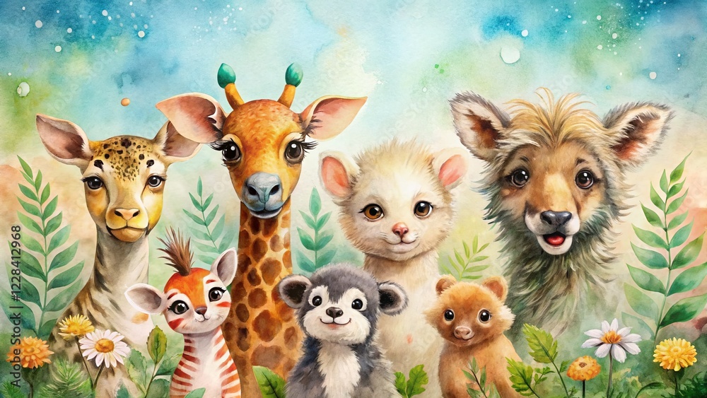 Naklejka premium Watercolor Animal Clipart: Cute Animals with Copy Space for Design Projects