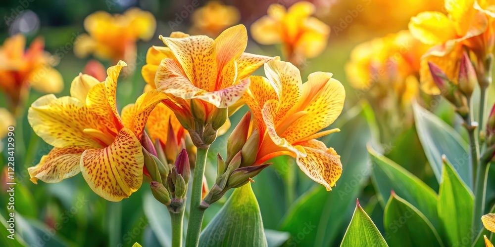 Fototapeta premium Lemon Punch Canna Lily Plant in Full Bloom with Saffron Flowers
