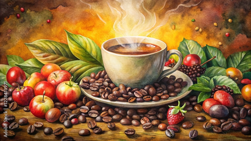 Fototapeta premium Watercolor Coffee Beans, Berries, and Coffee Cup Stock Photo