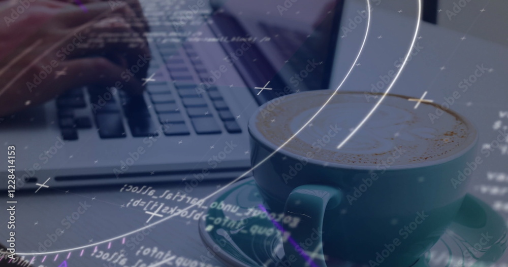 Naklejka premium Image of financial data processing over caucasian man using laptop