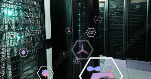 Image of digital eco icons and data processing over computer servers photo