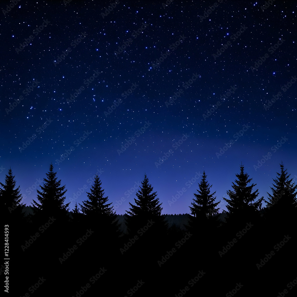 Fototapeta premium Dark Forest Silhouette Under a Starry Night Sky Creates a Serene and Magical Atmosphere