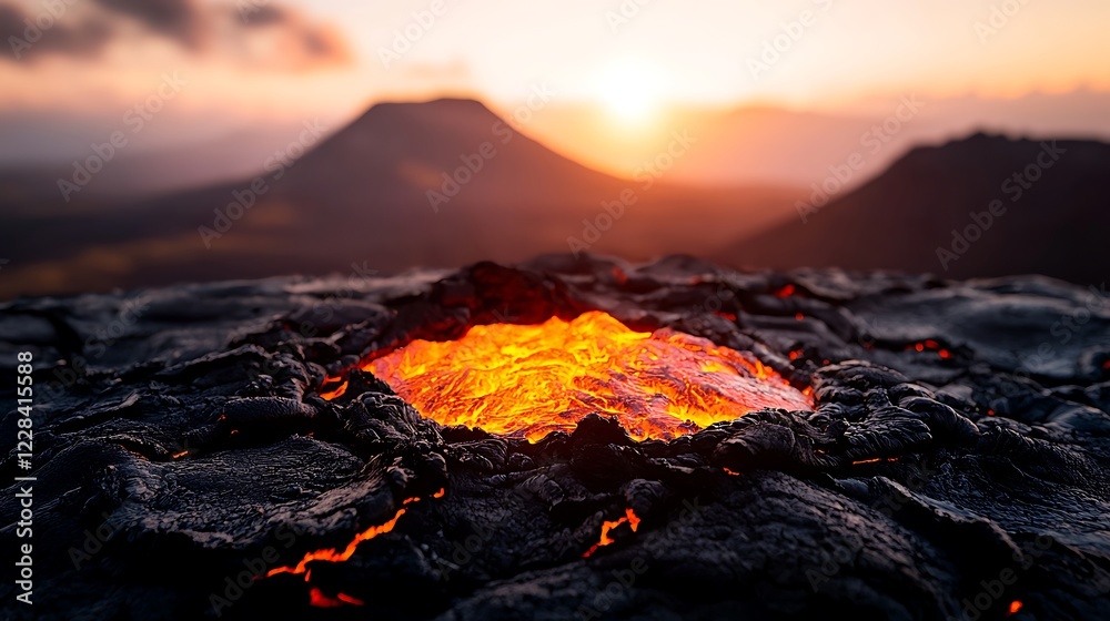 Fototapeta premium Volcanic Lava Flow at Sunset, Mountains Background