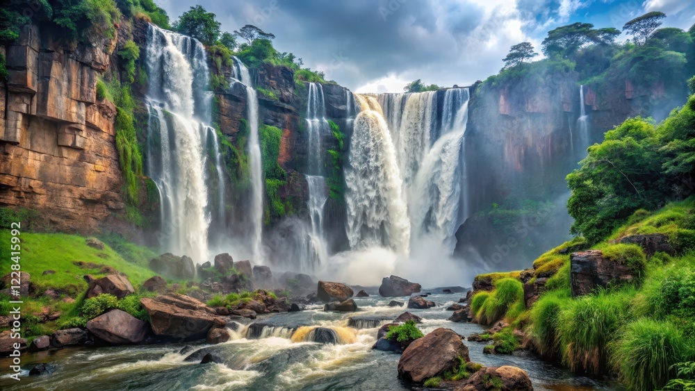 Naklejka premium Waterfall in misty surroundings with lush greenery and large rocks at Kalandula Falls, Angola , rocks, tropical