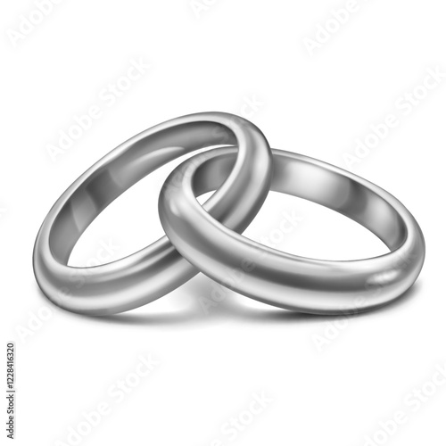 A pair of sleek, shiny, polished intertwined silver wedding rings, symbolize unity and love. With soft shadow, on white background.