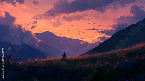 Traces of sunset softly lingering across the sky and silhouetted mountain ridges creating a captivating twilight scene. Sunset Ridge. Illustration