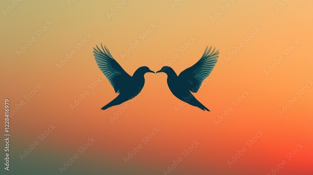 Fototapeta premium Silhouette of Two Birds Kissing Against a Colorful Sunset Sky