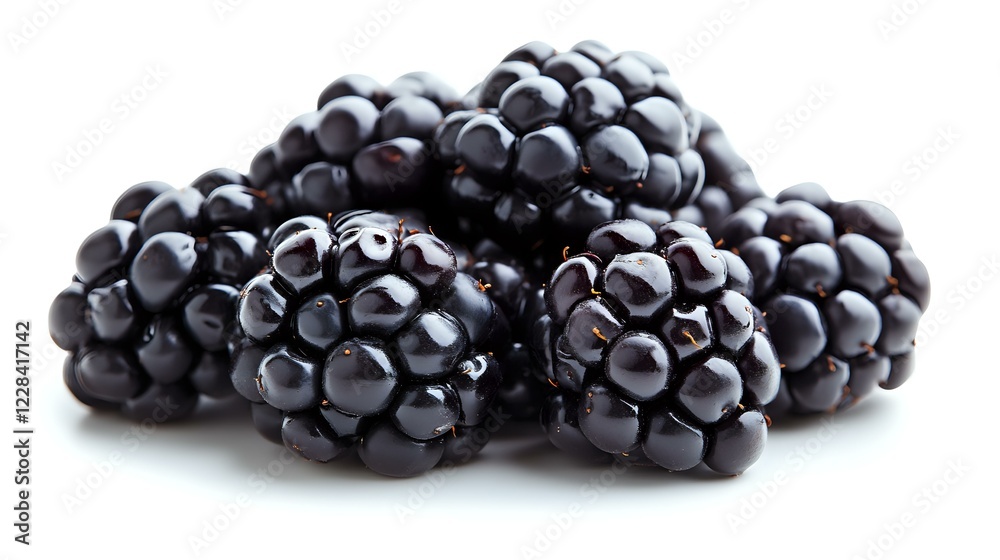 Fresh ripe blackberries on white background, macro shot showing detailed texture and natural gloss of wild berries for food photography and packaging design. Fresh ripe blackberries on white background, macro shot showing detailed texture and natural gloss of wild berries for food photography and packaging design.