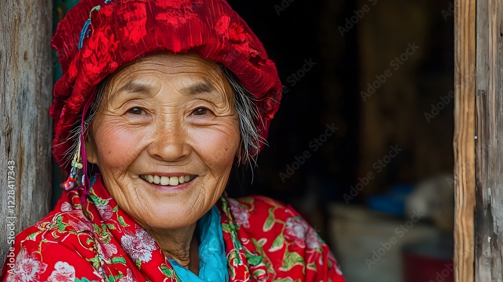 Fototapeta premium Warm and inviting portrait of a mature elderly Asian woman smiling cheerfully and exuding a sense of wisdom and life experience The natural