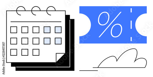 Calendar with multiple pages and discount ticket with percentage symbol, associated with clouds. Ideal for planning, time management, savings, promotions, marketing strategies, financial planning