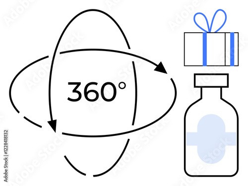 Circular arrows forming a 360 around text next to a gift box and medical bottle. Ideal for innovation, marketing, product exploration, versatility, healthcare promotions, quality assurance