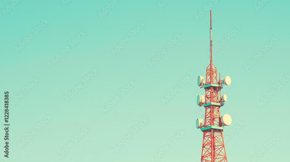 Obraz premium Red Communication Tower Against Clear Blue Sky in Soft Light