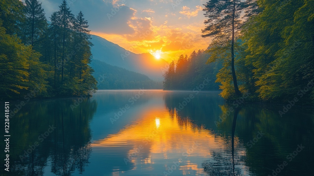 Obraz premium Sunrise over a serene lake surrounded by lush green forests and distant mountains