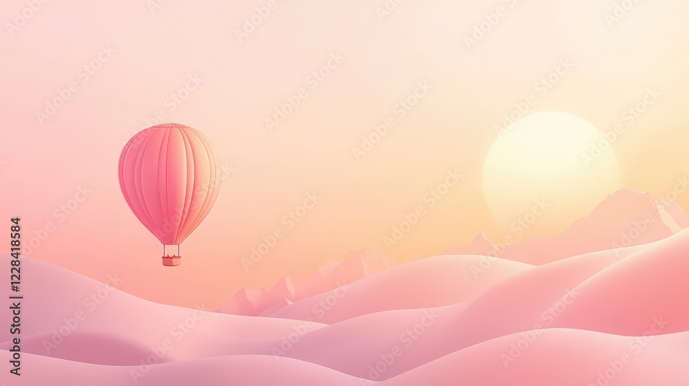 Obraz premium Soft Sunrise Over Pink Desert Landscape with Hot Air Balloon