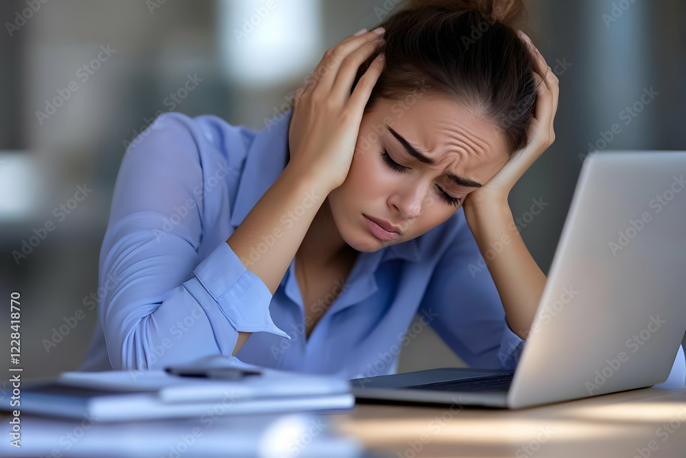 Stressed Businesswoman Holds Head in Hands at Desk with Laptop and Papers. Stressed Businesswoman Holds Head in Hands at Desk with Laptop and Papers.