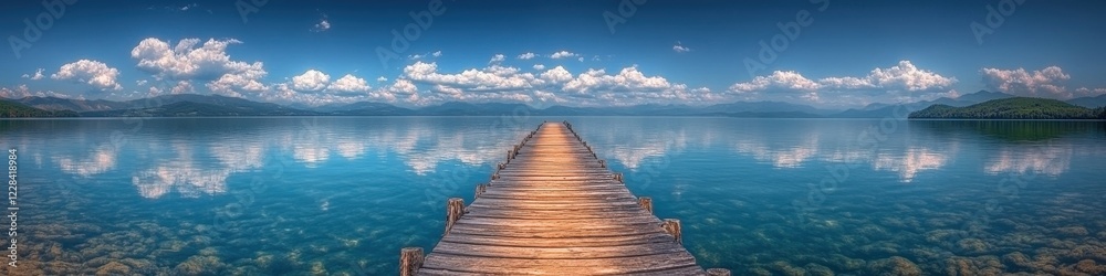 Stunning panoramic view of tranquil lake with wooden pier, reflecting sky and clouds, surrounded by lush green mountains, ideal for nature lovers and photographers Stunning panoramic view of tranquil lake with wooden pier, reflecting sky and clouds, surrounded by lush green mountains, ideal for nature lovers and photographers