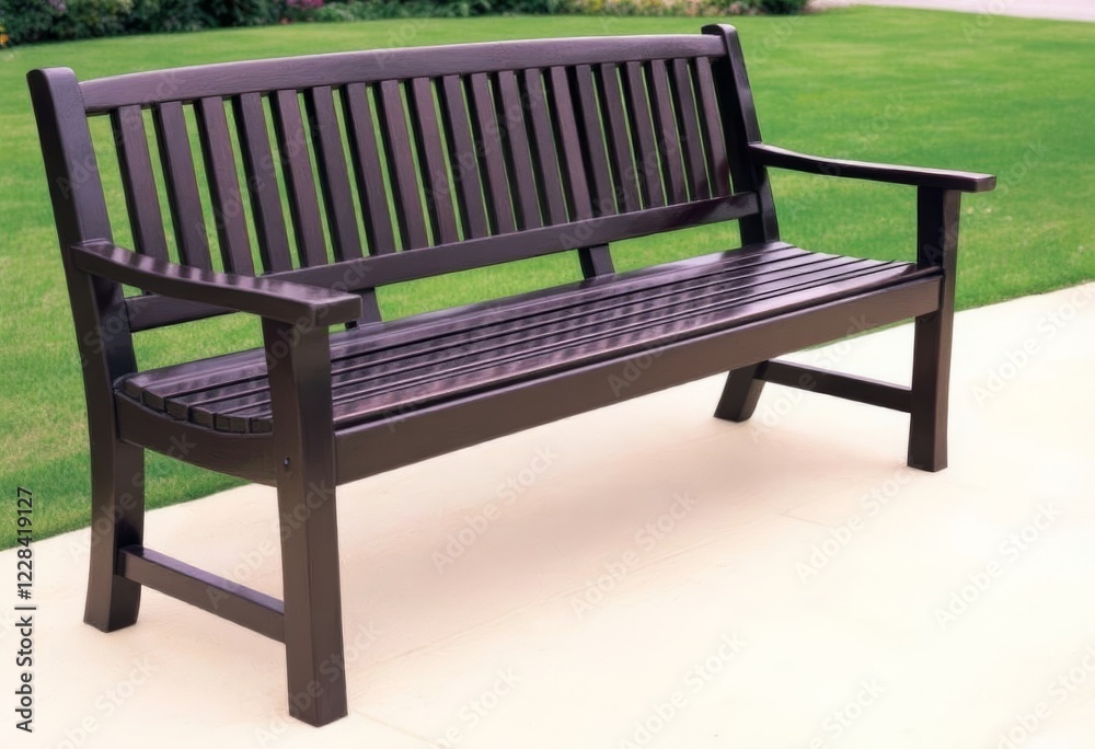 Dark Stained Wooden Park Bench on Beige Pavement Dark Stained Wooden Park Bench on Beige Pavement
