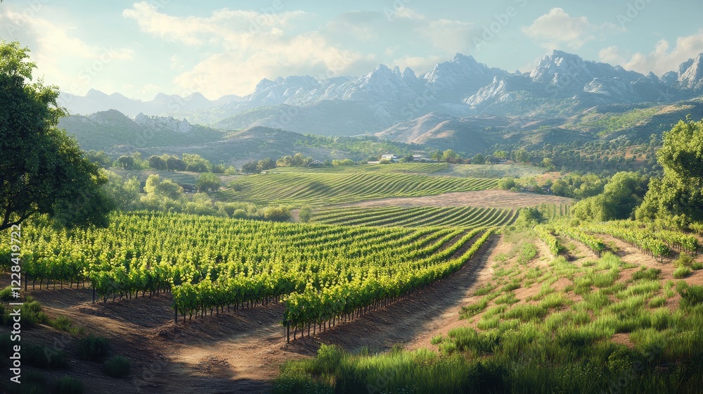 Fototapeta premium Vineyard rows stretch across sun-drenched hills, mountains in the distance. Perfect for wine, travel, or agriculture themes, evokes serenity and natural beauty.