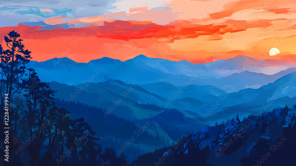 Fototapeta premium Blue ridge mountains from the blue ridge parkway at sunset. Sunset Ridge. Illustration