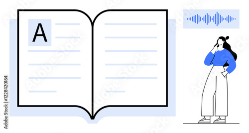 Open book with large letter A, woman thinking, audio waveform. Ideal for education, learning, literacy, multimedia integration, studying digital tools comprehension. Promotes effective use of
