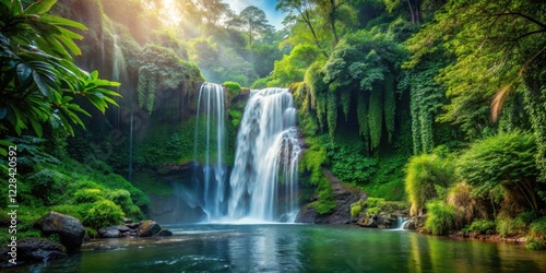 Waterfall in dense forest, tropical jungle, natural wonder,  tropical jungle