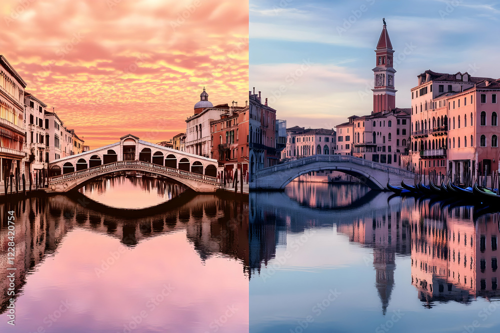 Naklejka premium Sunrise and Sunset Over Canal Cityscape with Gondolas and Bridges Reflected Perfectly in the Water