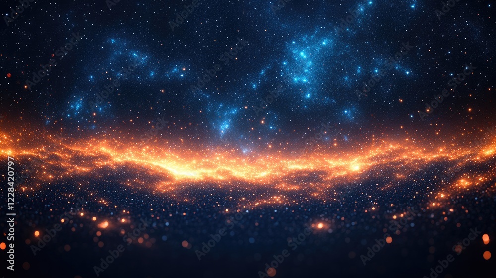Fototapeta premium Cosmic landscape with glowing stars and nebulae illuminating a dark space backdrop