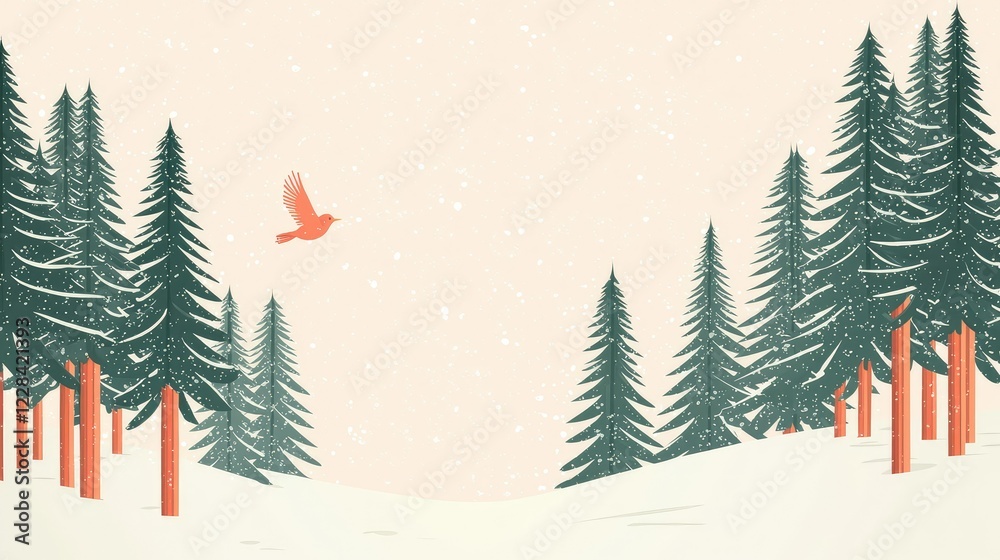 Obraz premium Tranquil Winter Landscape with Snowy Pine Trees and Flying Bird