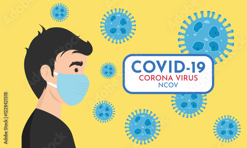 Man wearing protective Medical mask for prevent virus Wuhan Covid-19. Boy wearing a surgical mask. Corona virus, Novel coronavirus.