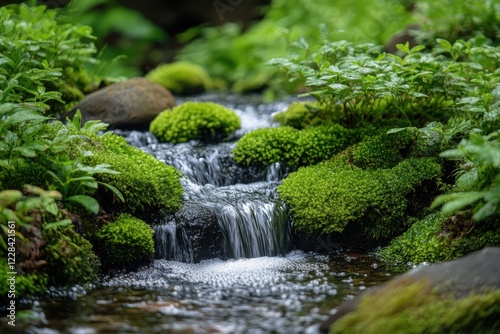 Gentle stream flowing through lush greenery nature scene tranquil atmosphere