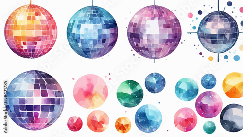 Set of watercolor disco balls. Watercolor colorful disco balls on transparent background. Classic retro elements for collages.