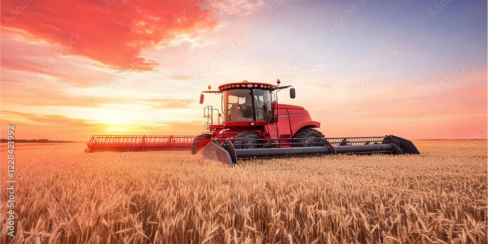 Fototapeta premium Red Combine Harvester Works in Wheat Field at Sunset, Creating a Scenic Agricultural Landscape.
