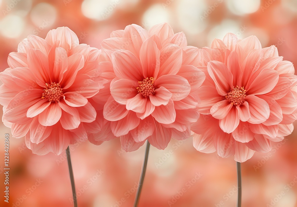 Fototapeta premium Three coral pink dahlia flowers in full bloom against soft blurred background, delicate petals creating symmetrical arrangement with bokeh effect.