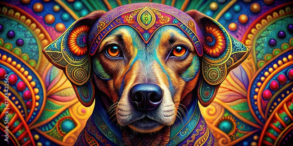 Naklejka premium Dog's face adorned with intricate mandala patterns in vibrant hues, colors, mindfulness