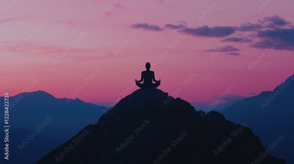 Serene Meditation at Sunset on Mountain Peak in Tranquil Landscape Serene Meditation at Sunset on Mountain Peak in Tranquil Landscape