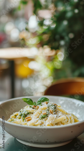 A closeup shot of a creamy pesto pasta dish in a wide bowl, garnished with fresh basil. The setting appears to be an outdoor restaurant patio
