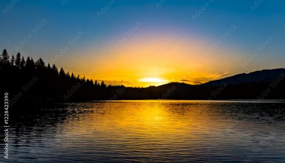 A stunning sunset over a calm lake with silhouettes of trees and mountains reflecting on the water. A stunning sunset over a calm lake with silhouettes of trees and mountains reflecting on the water.