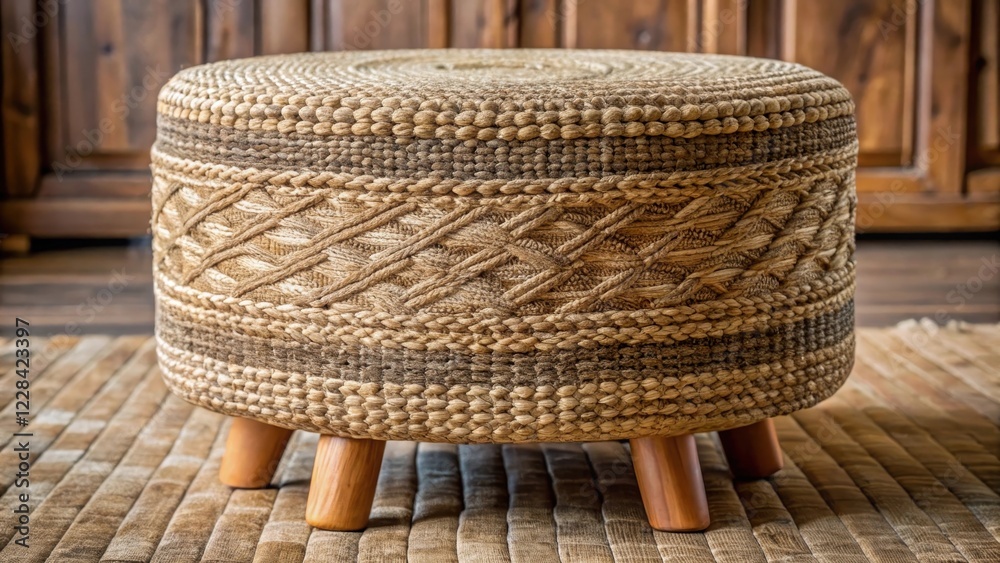 Obraz premium Cozy ottoman made of natural jute fabric with intricate woven pattern and earthy tones, perfect for adding texture to a living room or bedroom decor, woven jute, natural fiber