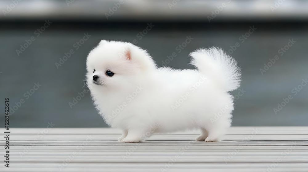 Fototapeta premium A Tiny White Fluffy Puppy Stands Adorably on a Wooden Deck