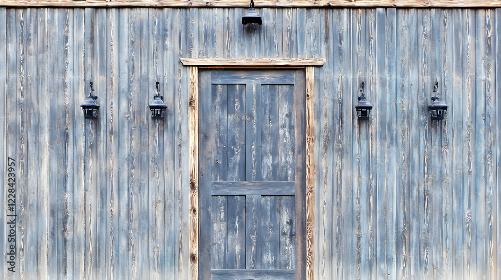 Blue Wooden Wall with Door and Lanterns Shows Rustic Charm Perfectly for Backgrounds Blue Wooden Wall with Door and Lanterns Shows Rustic Charm Perfectly for Backgrounds
