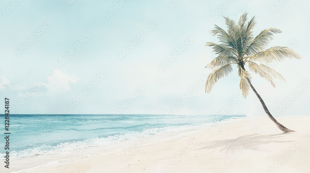 Fototapeta premium Serene Tropical Beach Scene with Palm Tree and Calm Ocean Waves