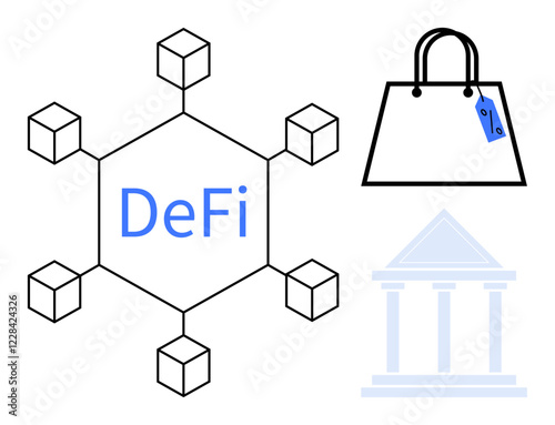 Centralized DeFi hexagon with connected cubes, a shopping bag with price tag, and a traditional bank building. Ideal for financial technology, e-commerce, blockchain, innovation, digital