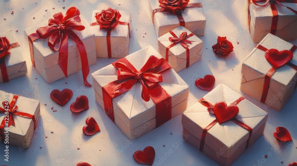 Gift boxes with red ribbons and hearts on white background. Gift boxes with red ribbons and hearts on white background.