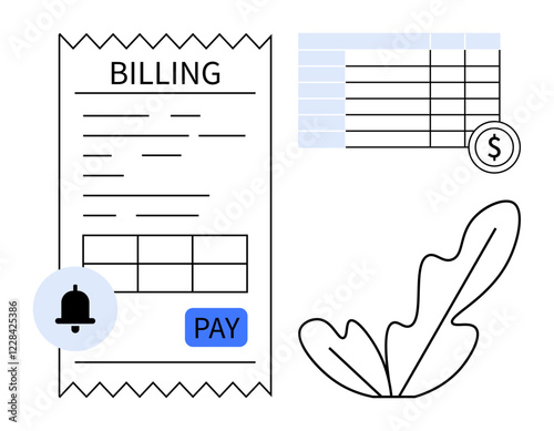 Invoice with payment details and Pay button, reminder notification bell, financial chart with dollar sign, and abstract leaf. Ideal for finance, budgeting, invoices, payments, reminders expense