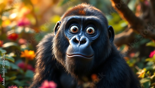 Adorable Cartoon Gorilla in Vibrant Flower Garden photo