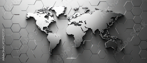 Fototapeta Naklejka Na Ścianę i Meble -  A digital world map with hexagonal grid patterns in silver tones, showcasing global connectivity and modern design